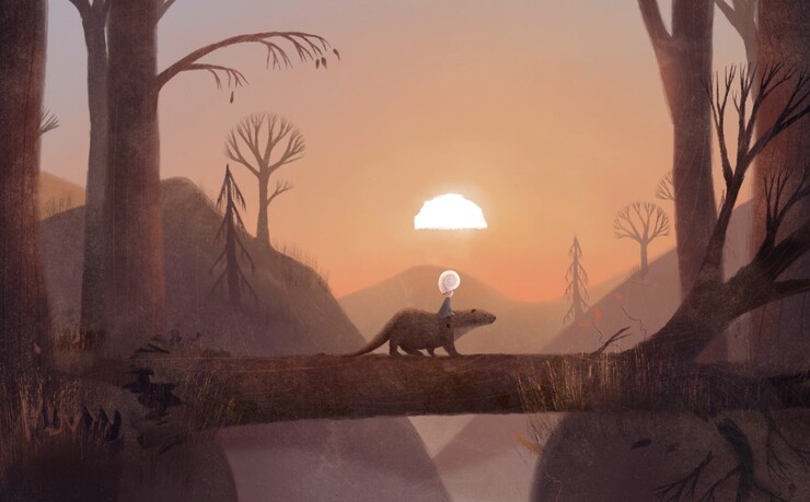 Animated still: a child rides an otter-like creature across a fallen log at sunset